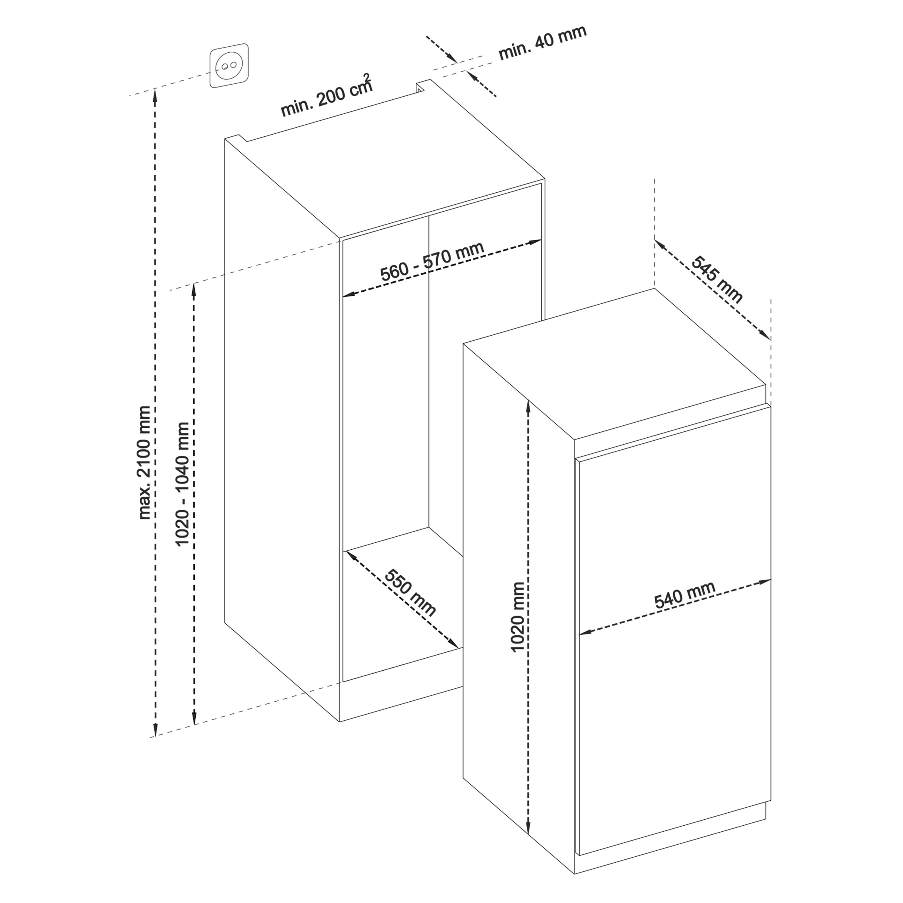 Telefunken Einbaukühlschrank EKG102S147E, 102 cm hoch, 54 cm breit, 139 Liter Volumen