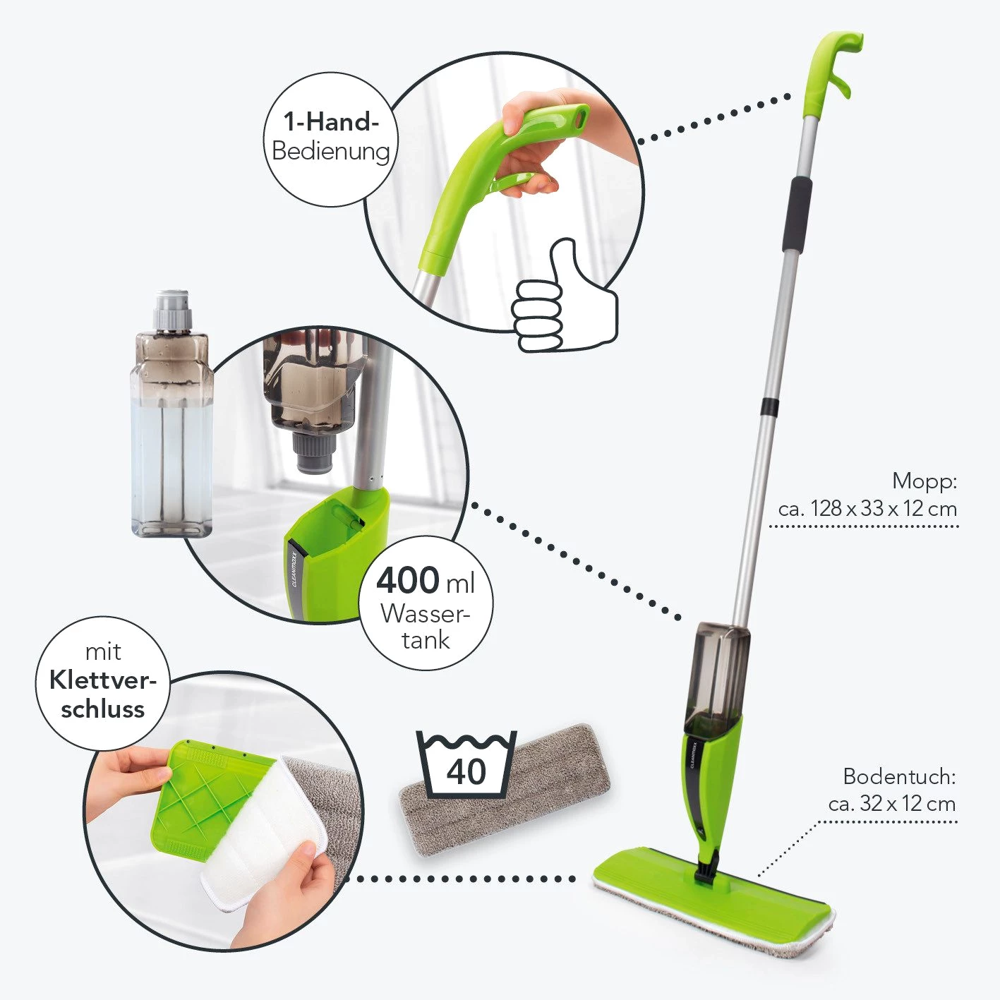 CLEANmaxx Wischmopp, beutellos, mit praktischer Sprühfunktion und großem 420ml Tank