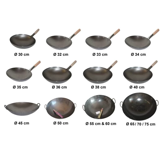 AAF Nommel Wok 30 bis 40 cm Ø China Gastronomie runder Boden Gasherd Carbon Stahl, Karbon-Stahl